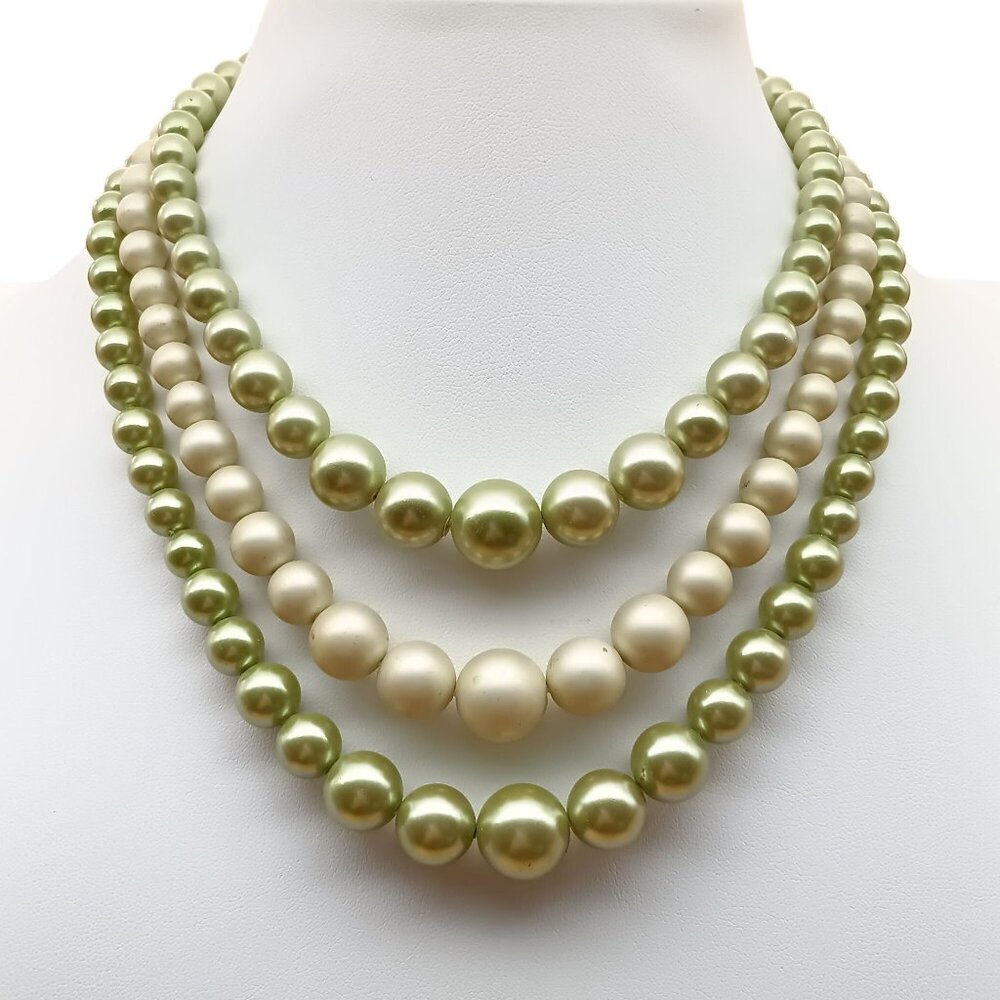Vintage Multi-Strand Green & Cream Faux Pearl Necklace ith Silver Clasp 1950s